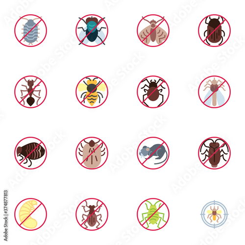 Pest animals prohibition signs collection, flat icons set, Colorful symbols pack contains - ant, moth, larvae, rodent rat, bug, spider, wasp, arachnid insect. Vector illustration. Flat style design