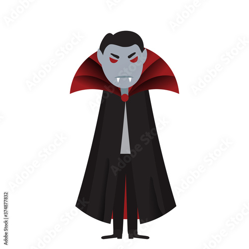 scary the vampire Dracula in the black cloak with red eyes cartoon illustration