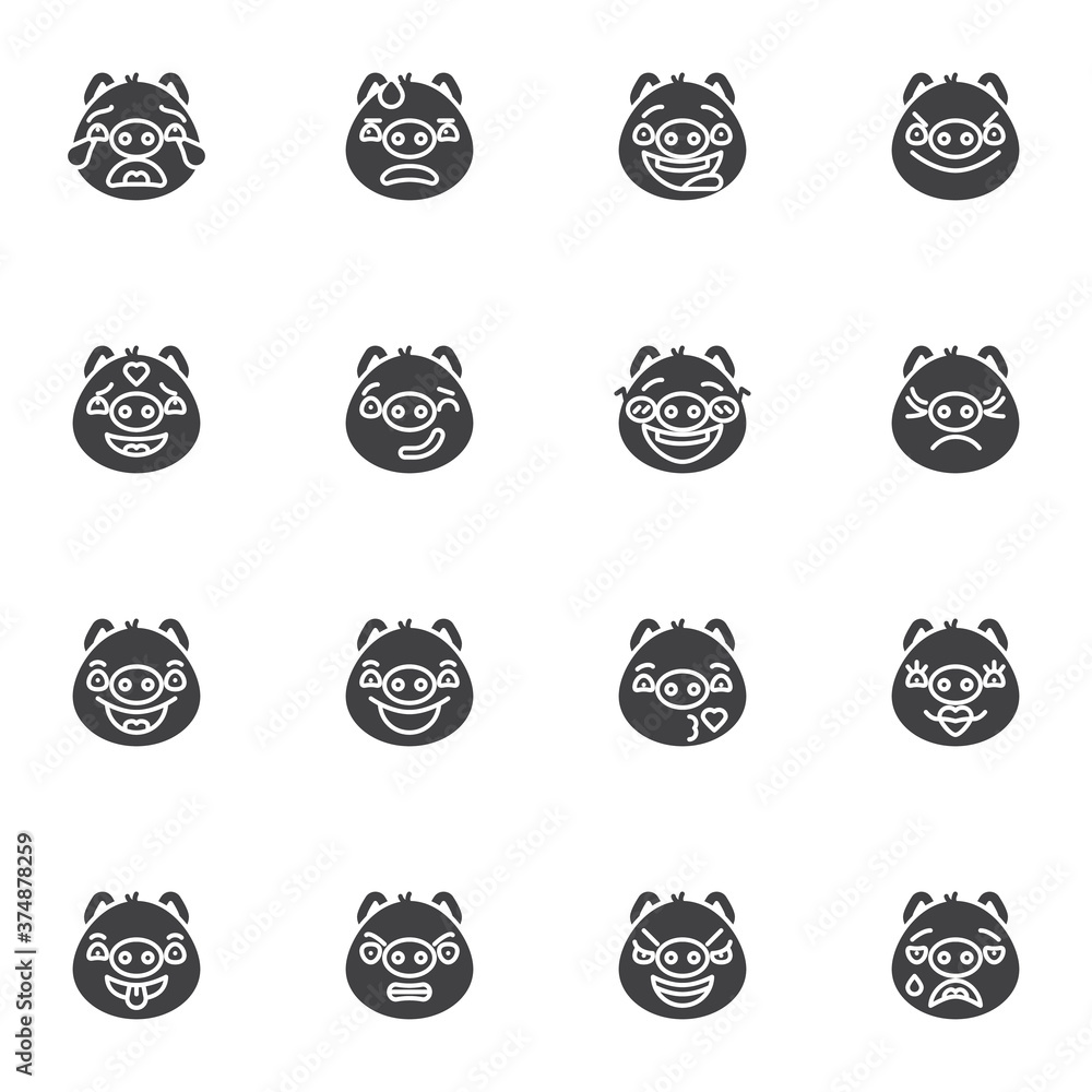 Piggy face emoji vector icons set, modern solid symbol collection, filled style pictogram pack. Signs, logo illustration. Set includes icons as happy pig emoticon, smiling, angry emotion, blowing kiss Piggy face emoji vector icons set, modern solid symbol collection, filled style pictogram pack. Signs, logo illustration. Set includes icons as happy pig emoticon, smiling, angry emotion, blowing kiss