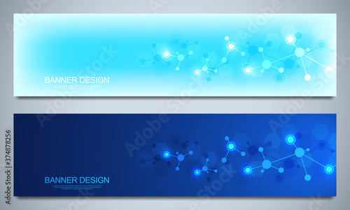 Banners design template with molecular structures and neural network. Abstract molecules and genetic engineering background. Science and innovation technology concept.