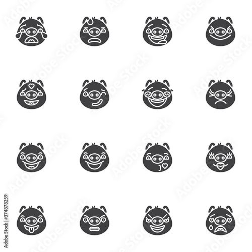 Piggy face emoji vector icons set, modern solid symbol collection, filled style pictogram pack. Signs, logo illustration. Set includes icons as happy pig emoticon, smiling, angry emotion, blowing kiss