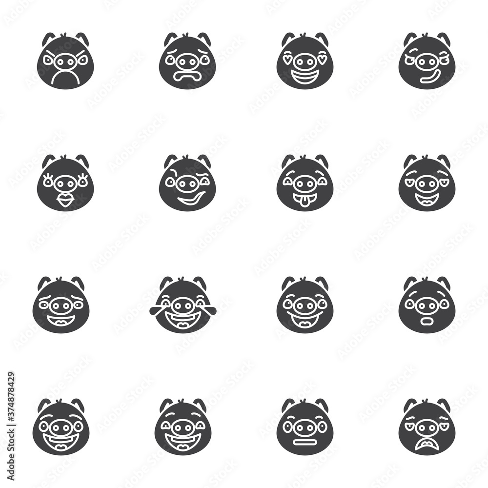 Pig Face Emoji Vector Icons Set Modern Solid Symbol Collection Filled