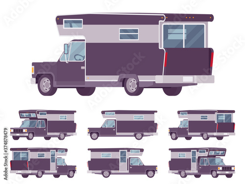 RV camper van car, recreational vehicle. Motorhome trailer with living accommodations, holiday caravan for journey, convenient home on wheels. Vector flat style cartoon illustration, different views