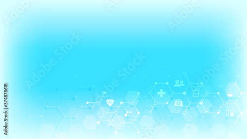 Medical background with flat icons and symbols. Template design with concept and idea for healthcare technology, innovation medicine, health, science, and research.