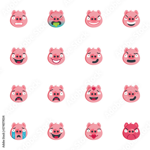Pink piggy face emoji collection, flat icons set, Colorful symbols pack contains - pig smiley emoticon, joyful emotion, vomit. Vector illustration. Flat style design