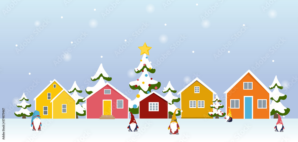 Winter town village landscape with gnome cartoon characters, colorful buildings, christmas trees covered in snow