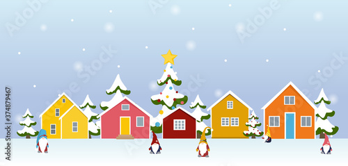 Winter town village landscape with gnome cartoon characters, colorful buildings, christmas trees covered in snow