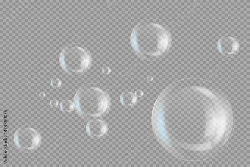 Realistic white water bubbles with reflection on transparent background. Vector illustration
