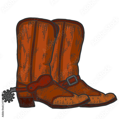 A pair of cowboy boots, sketch. Scratch board imitation. Color hand drawn image.