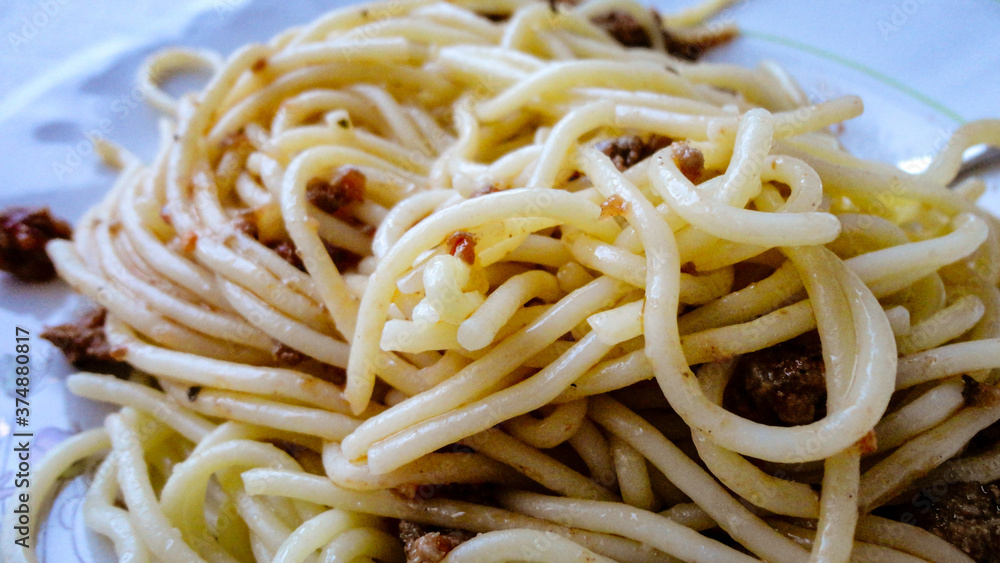Spaghetti Bolognese with minced beef in the white plate Spaghetti Bolognese with minced beef in the white plate
