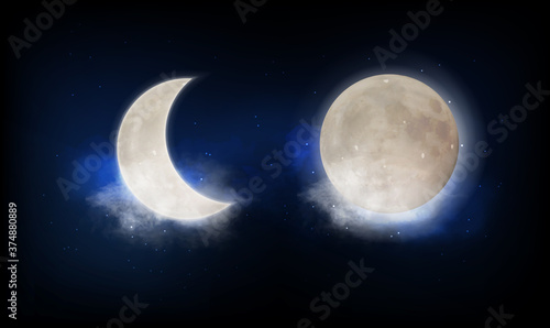Canvas-taulu Full moon and new moon crescent over a patch of cloudy twilight blue sky lit by