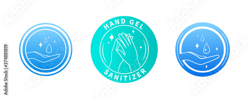 Set of three hand sanitizer labels for Covid-19 in cool clean shades of blue showing hand washing, colored vector illustration