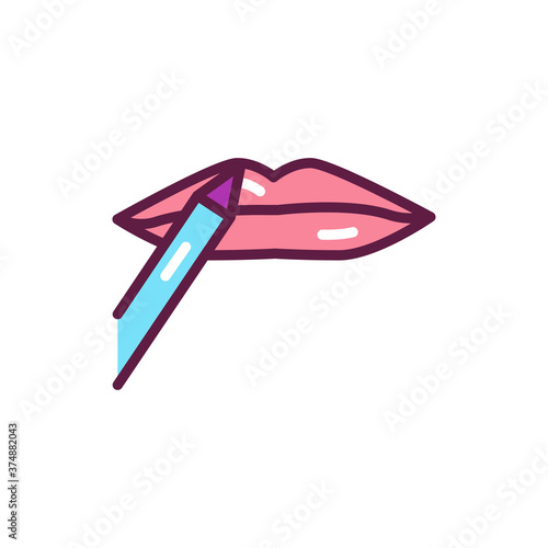 Applying lip makeup color line icon. Professional facial makeup. Beauty industry. Isolated vector element. 
