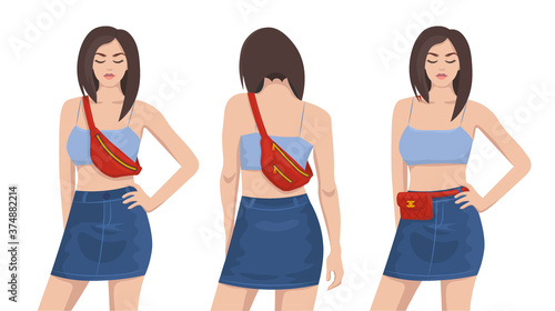 How to wear belt bag, three ways - white background, isolated. Cartoon women with stylish waist belts, vector illustrations collection.