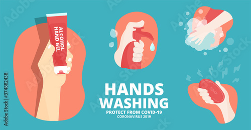 Hands washing infographic. Person washing hands with soap and water. Pump spray bottle of alcohol antiseptic gel. Hand Holding soap bar. Coronavirus (COVID-19) symbol. Vector Illustration.Flat style.