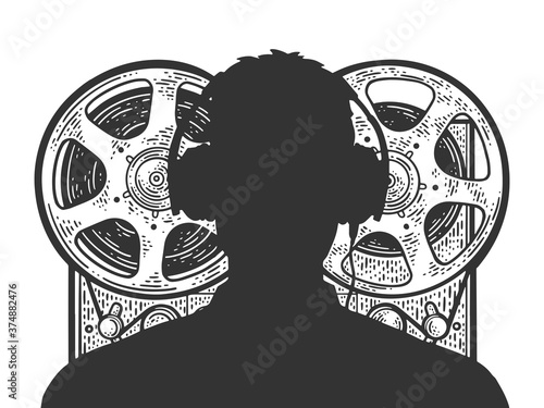 Wiretapping. Silhouette of special services agent and recording tape recorder sketch engraving vector illustration. T-shirt apparel print design. Scratch board imitation. Black and white image.