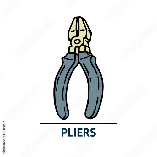 Hand drawn pliers icon. Professional labor construction tool with beige and blue colors