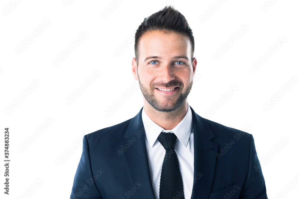 Close-up shot of smiling businessman standing at isolated white background Close-up shot of smiling businessman standing at isolated white background
