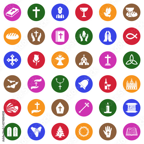Christianity Icons. White Flat Design In Circle. Vector Illustration.