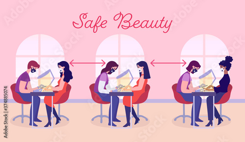 Safe Beauty. Social distance in nail salons. Manicure during coronavirus pandemic. COVID-19 prevention in public places. Manicurists serve clients, wearing masks and keeping distance. New normal