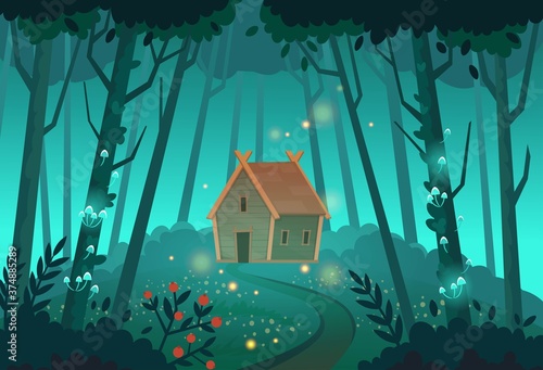 Old mystic witch hut in the forest. Cartoon vector illustration.