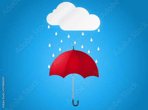 Cloud rain drop on red umbrella on blue background, rain season, cloudy day,weather forecast concept, vector illustration