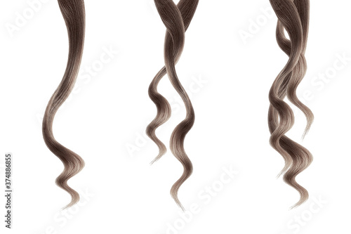 Brown long wavy hair on a white background. Growth process step by step