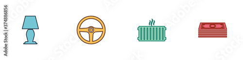 Set Table lamp, Steering wheel, Heating radiator and Stacks paper money cash icon. Vector.