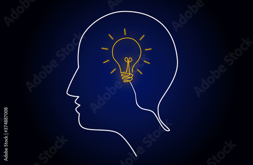 Neon light head idea with light bulb inside human head, creating new idea concept, vector illustration