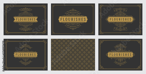 Vintage ornament greeting cards set templates flourish ornate frames and pattern background vector illustration