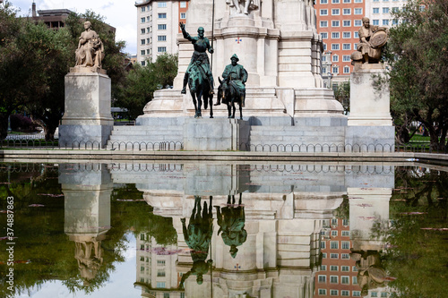 Statue of Don Quixote in Madrid City center in Autumn Time