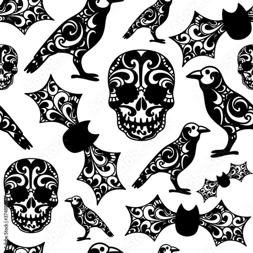 Halloween gothic tribal seamless pattern black drawing with skull, bats and raven