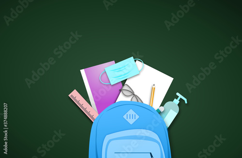 Back to school during Covid-19 pandemic concept, Backpack with school supplies including  medical mask and alcohol gel on blackboard , new normal, vector illustration ,