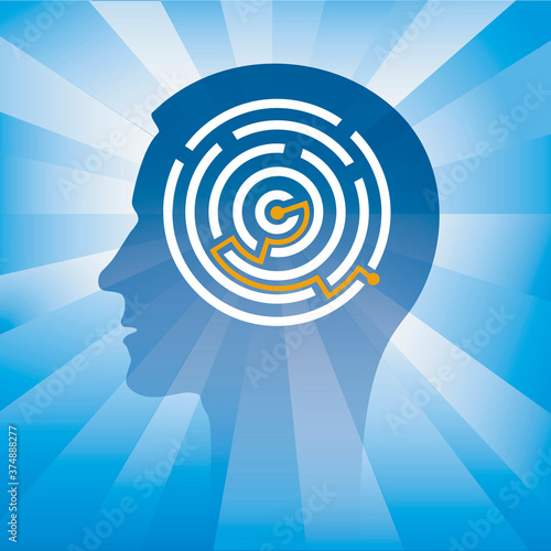 Man,Labyrinth, smart solution.
Male head stylized silhouette with solved round maze symbolizing intelligence. Vector available.