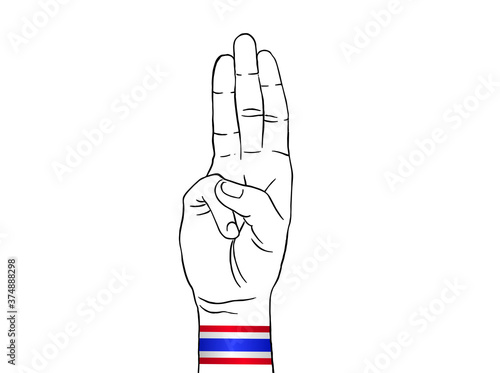 Protester show three fingers salute wearing Thailand flag wristband on white backgeound , graphic designer element - Vector - illustration