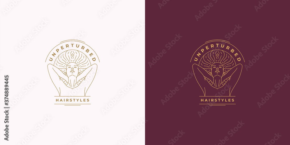 Beautiful female line face with fluttering hairs vector logo emblem design template illustration simple linear style Beautiful female line face with fluttering hairs vector logo emblem design template illustration simple linear style