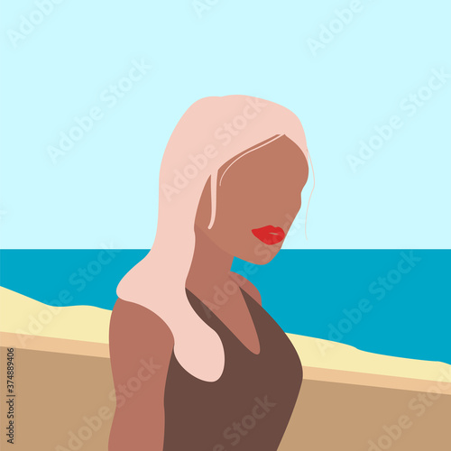 Portrait of a tanned girl with red lips on the beach near the sea. Vector illustration of woman portrait, in the background the sea and the beach