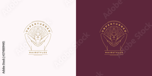 Beautiful female line face with fluttering hairs vector logo emblem design template illustration simple linear style