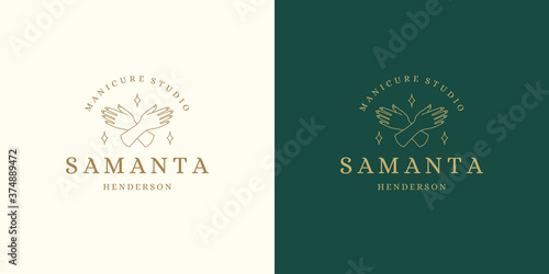 Vector line logos emblems design templates set - female gesture hand and nails illustrations simple minimal linear style