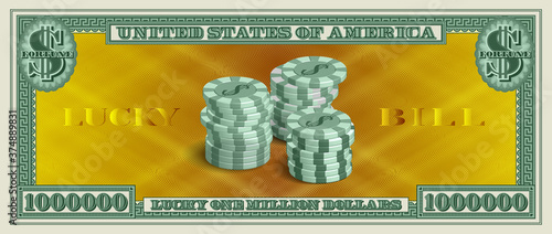 Reverse side. Lucky one million dollars banknote. Gold grid and 3d stacks of casino chips EPS10