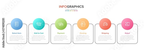 Concept of shopping process with 6 successive steps. Six colorful graphic elements. Timeline design for brochure, presentation, web site. Infographic design layout.
