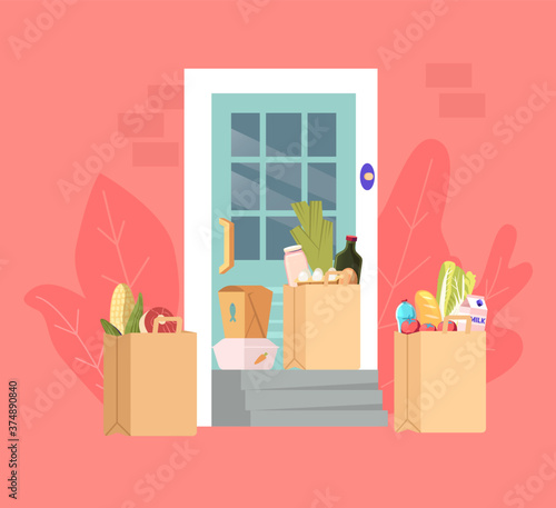 Food Delivery Concept. Paper Bags with Grocery and Cooked Products Stand at Home Door. Online Order, Charity and Support