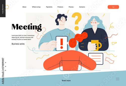 Business topics -meeting, web template, header. Flat style modern outlined vector concept illustration. People discussing a project. Tablet, question and exclamation marks, FAQ. Business metaphor