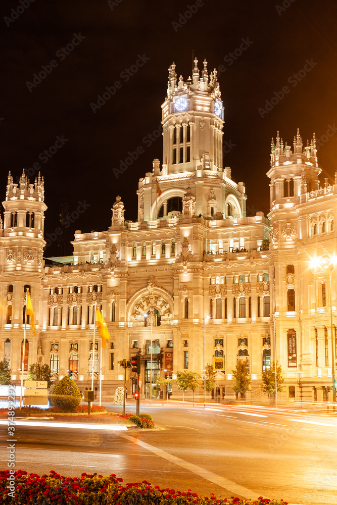 Late evening on the main street of Madrid in night illumination. Madrid, Spain