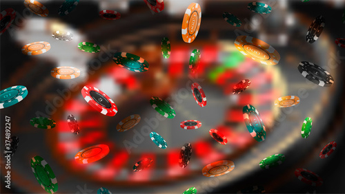 Blur background and poker chips falling. Poker game theme. Vector illustration.