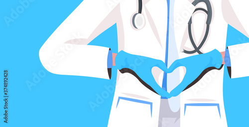 doctor wearing coat and gloves doing heart symbol with hands medical consultation healthcare medicine concept horizontal closeup portrait horizontal vector illustration