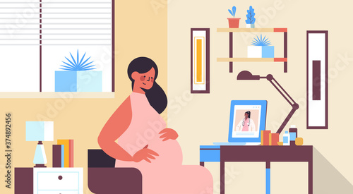 doctor on laptop screen consulting pregnant patient online gynecology consultation healthcare service medicine concept living room interior horizontal portrait vector illustration