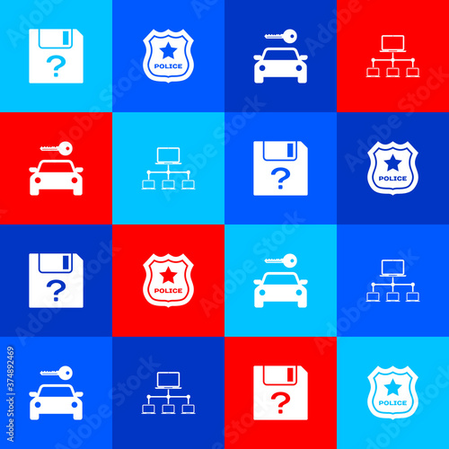 Set Unknown document, Police badge, Car rental and Computer network icon. Vector.