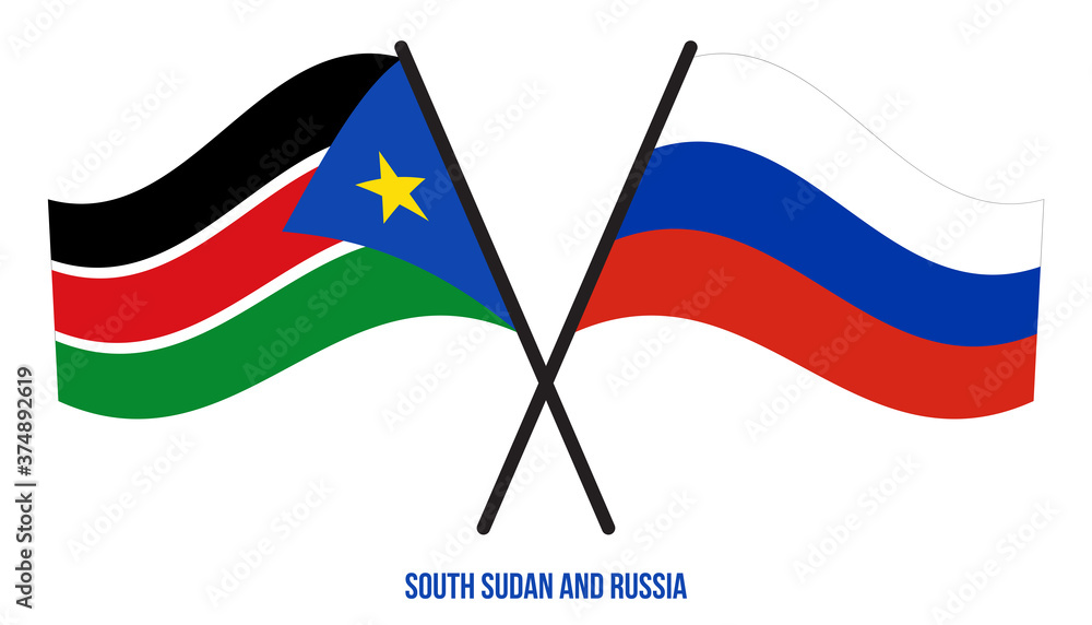 South Sudan and Russia Flags Crossed And Waving Flat Style. Official Proportion. Correct Colors. South Sudan and Russia Flags Crossed And Waving Flat Style. Official Proportion. Correct Colors.