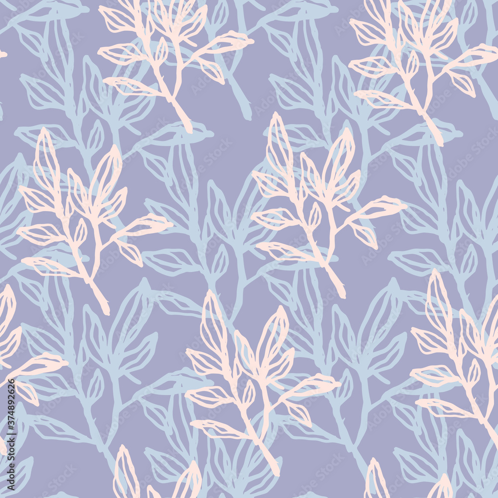 Spring seamless pattern with branches silhouettes. Light purple background wit pink and blue foliage. Spring seamless pattern with branches silhouettes. Light purple background wit pink and blue foliage.